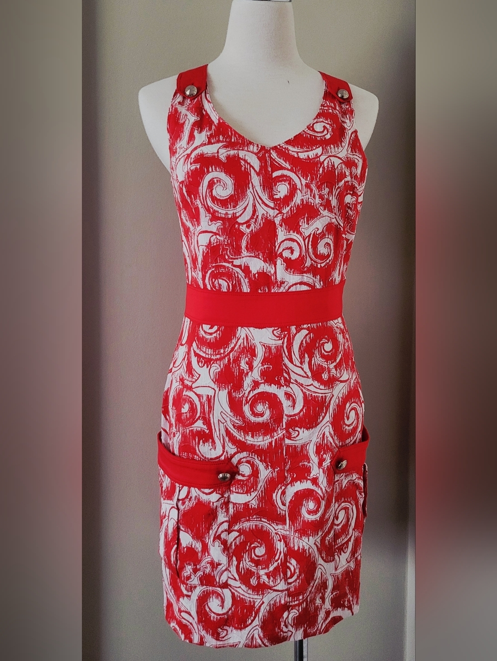 Versace Jeans Italy Made Cotton Red and White Printed Midi Dress, US 2